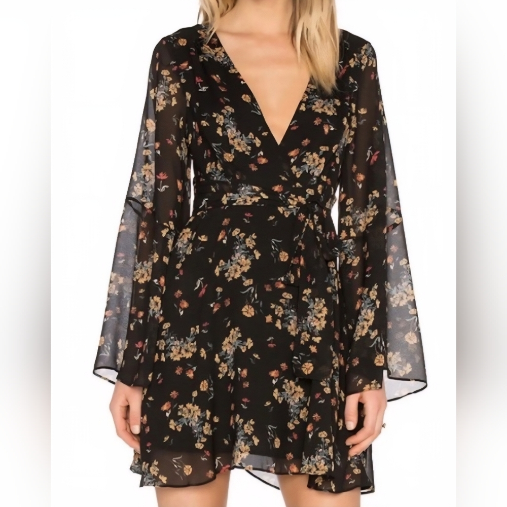 Free People women XS lilou floral‎ v-neck long sleeve bell sleeves dress whimsy - Picture 2 of 8